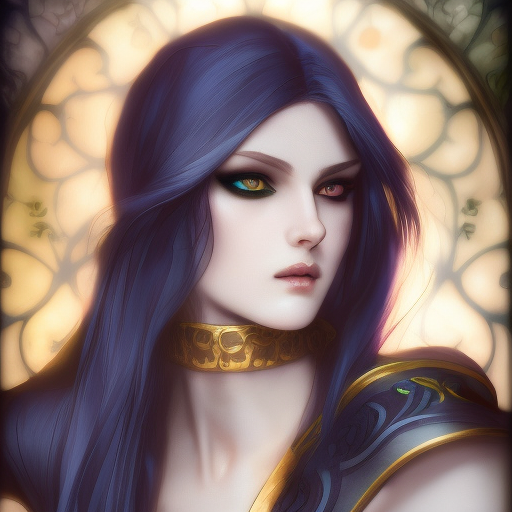 Alluring matte portrait of a beautiful Morgana from League of Legends, 8k, Highly Detailed, Intricate, Half Body, Realistic, Sharp Focus, Volumetric Lighting, Fantasy, Elegant by Alphonse Mucha