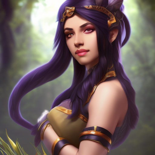 Alluring matte portrait of a beautiful Nidalee from League of Legends, 8k, Highly Detailed, Intricate, Half Body, Realistic, Sharp Focus, Volumetric Lighting, Fantasy, Elegant by Alphonse Mucha