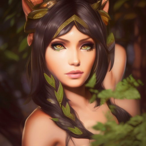 Alluring matte portrait of a beautiful Nidalee from League of Legends, 8k, Highly Detailed, Intricate, Half Body, Realistic, Sharp Focus, Volumetric Lighting, Fantasy, Elegant by Alphonse Mucha