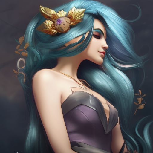 Alluring matte portrait of a beautiful Sona from League of Legends, 8k, Highly Detailed, Intricate, Half Body, Realistic, Sharp Focus, Volumetric Lighting, Fantasy, Elegant by Alphonse Mucha