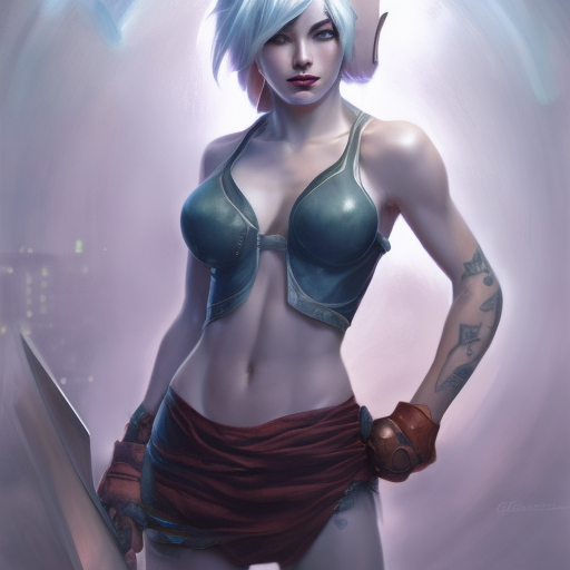 Matte portrait of Riven from League of Legends with tattoos, 8k, Highly Detailed, Powerful, Alluring, Artstation, Magical, Digital Painting, Photo Realistic, Sharp Focus, Volumetric Lighting, Concept Art by Stanley Artgerm Lau, Alphonse Mucha, Greg Rutkowski