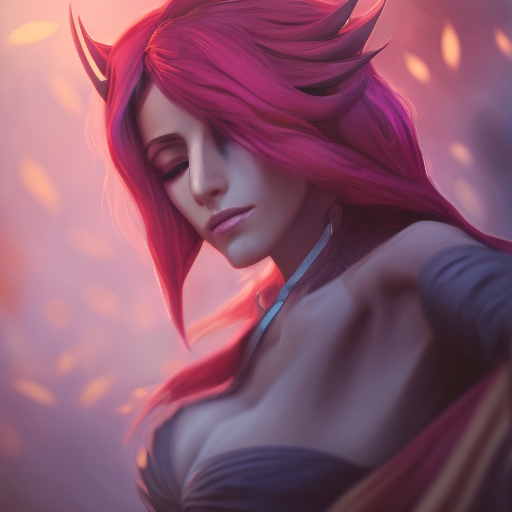Alluring matte portrait of a beautiful Xayah from League of Legends, 8k, Highly Detailed, Intricate, Half Body, Realistic, Sharp Focus, Volumetric Lighting, Fantasy, Elegant by Alphonse Mucha