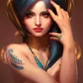 Matte portrait of Sona from League of Legends with tattoos, 8k, Highly Detailed, Powerful, Alluring, Artstation, Magical, Digital Painting, Photo Realistic, Sharp Focus, Volumetric Lighting, Concept Art by Stanley Artgerm Lau, Alphonse Mucha, Greg Rutkowski