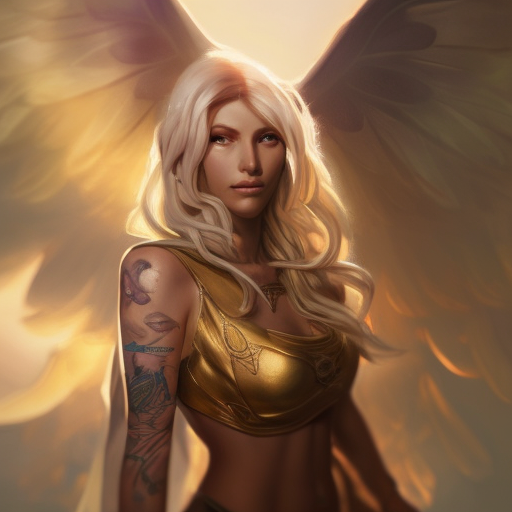 Matte portrait of Kayle from League of Legends with tattoos, 8k, Highly Detailed, Powerful, Alluring, Artstation, Magical, Digital Painting, Photo Realistic, Sharp Focus, Volumetric Lighting, Concept Art by Stanley Artgerm Lau, Alphonse Mucha, Greg Rutkowski