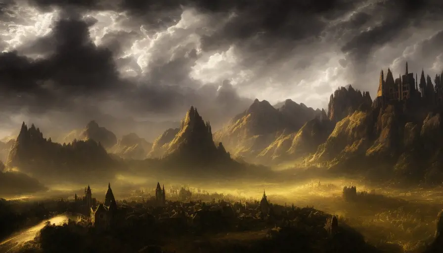 Void covered fields with large mountains in the distance, small medieval town, nighttime, 4k, HQ, Intricate Artwork, Ultra Detailed, Gothic and Fantasy, Oil on Canvas, Cloudy Day, Sharp Focus, Volumetric Lighting