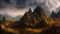 Void covered fields with large mountains in the distance, small medieval town, nighttime, 4k, HQ, Intricate Artwork, Ultra Detailed, Gothic and Fantasy, Oil on Canvas, Cloudy Day, Sharp Focus, Volumetric Lighting