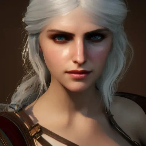 Ciri from The Witcher 3, 8k, Highly Detailed, Alluring, Photo Realistic, Sharp Focus, Octane Render, Unreal Engine, Volumetric Lighting by Alphonse Mucha