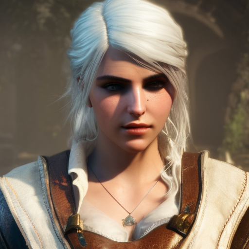 Ciri from The Witcher 3, 8k, Highly Detailed, Alluring, Photo Realistic, Sharp Focus, Octane Render, Unreal Engine, Volumetric Lighting by Alphonse Mucha