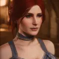 Triss Merigold from The Witcher 3, 8k, Highly Detailed, Alluring, Photo Realistic, Sharp Focus, Octane Render, Unreal Engine, Volumetric Lighting by Alphonse Mucha