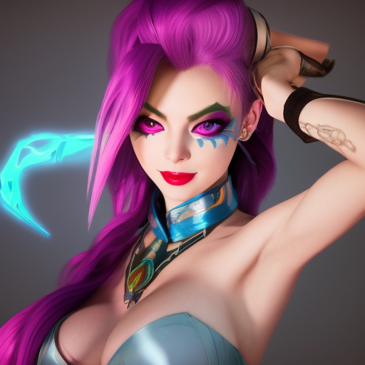 Jinx from League of Legends, 8k, Highly Detailed, Alluring, Photo Realistic, Sharp Focus, Octane Render, Unreal Engine, Volumetric Lighting by Alphonse Mucha