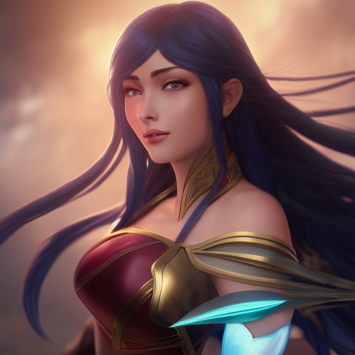 Irelia from League of Legends, 8k, Highly Detailed, Alluring, Photo Realistic, Sharp Focus, Octane Render, Unreal Engine, Volumetric Lighting by Alphonse Mucha