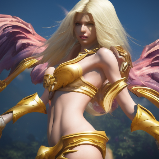 Kayle from League of Legends, 8k, Highly Detailed, Alluring, Photo Realistic, Sharp Focus, Octane Render, Unreal Engine, Volumetric Lighting by Alphonse Mucha