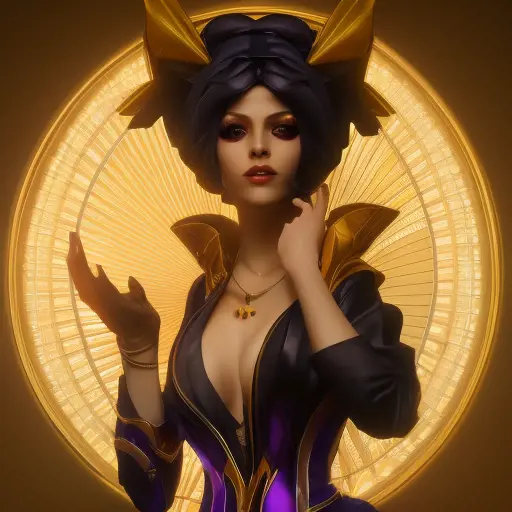 Leblanc from League of Legends, 8k, Highly Detailed, Alluring, Photo Realistic, Sharp Focus, Octane Render, Unreal Engine, Volumetric Lighting by Alphonse Mucha