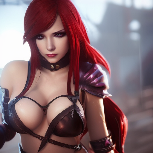 Katarina from League of Legends, 8k, Highly Detailed, Alluring, Photo Realistic, Sharp Focus, Octane Render, Unreal Engine, Volumetric Lighting by Alphonse Mucha