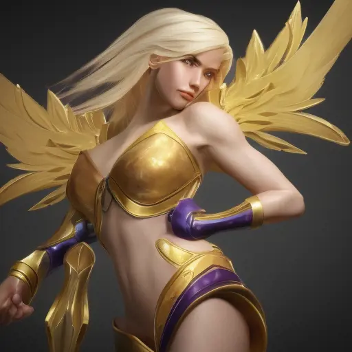 Kayle from League of Legends, 8k, Highly Detailed, Alluring, Photo Realistic, Sharp Focus, Octane Render, Unreal Engine, Volumetric Lighting by Alphonse Mucha