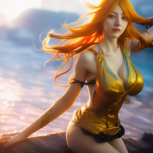 Nami from League of Legends, 8k, Highly Detailed, Alluring, Photo Realistic, Sharp Focus, Octane Render, Unreal Engine, Volumetric Lighting by Alphonse Mucha