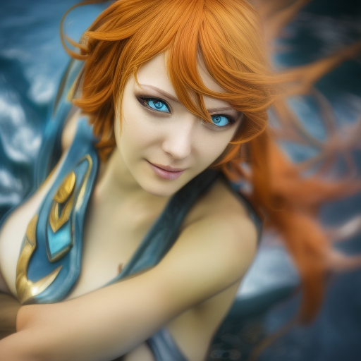 Nami from League of Legends, 8k, Highly Detailed, Alluring, Photo Realistic, Sharp Focus, Octane Render, Unreal Engine, Volumetric Lighting by Alphonse Mucha