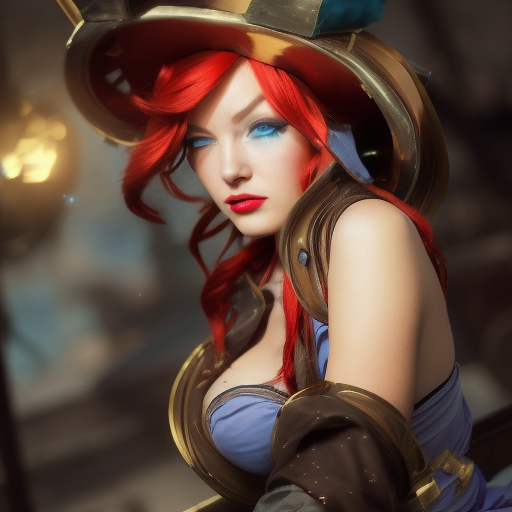 Miss Fortune from League of Legends, 8k, Highly Detailed, Alluring, Photo Realistic, Sharp Focus, Octane Render, Unreal Engine, Volumetric Lighting by Alphonse Mucha