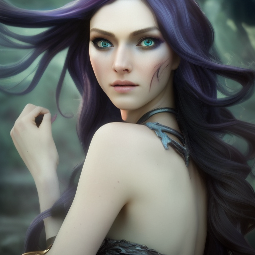 Morgana from League of Legends, 8k, Highly Detailed, Alluring, Photo Realistic, Sharp Focus, Octane Render, Unreal Engine, Volumetric Lighting by Alphonse Mucha