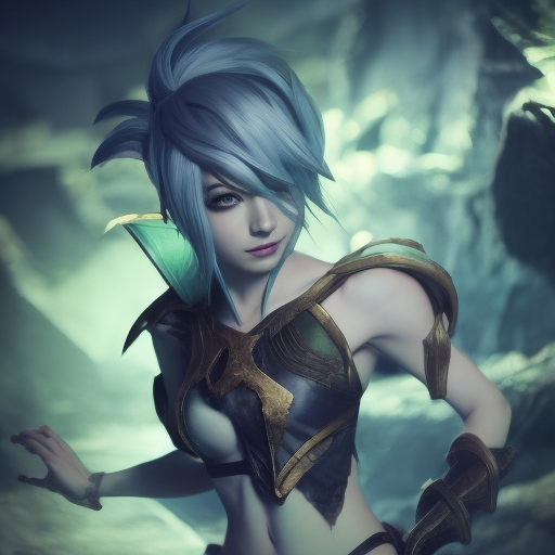 Riven from League of Legends, 8k, Highly Detailed, Alluring, Photo Realistic, Sharp Focus, Octane Render, Unreal Engine, Volumetric Lighting by Alphonse Mucha