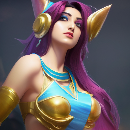 Sona from League of Legends, 8k, Highly Detailed, Alluring, Photo Realistic, Sharp Focus, Octane Render, Unreal Engine, Volumetric Lighting by Alphonse Mucha