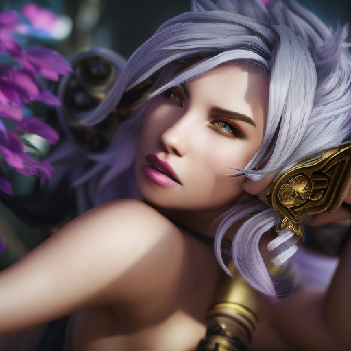 Vi from League of Legends, 8k, Highly Detailed, Alluring, Photo Realistic, Sharp Focus, Octane Render, Unreal Engine, Volumetric Lighting by Alphonse Mucha