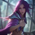 Xayah from League of Legends, 8k, Highly Detailed, Alluring, Photo Realistic, Sharp Focus, Octane Render, Unreal Engine, Volumetric Lighting by Alphonse Mucha