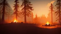 A highly detailed matte painting of a camp fire in the forest at night in the style of Firewatch, 4k resolution, Masterpiece, Trending on Artstation, Volumetric Lighting