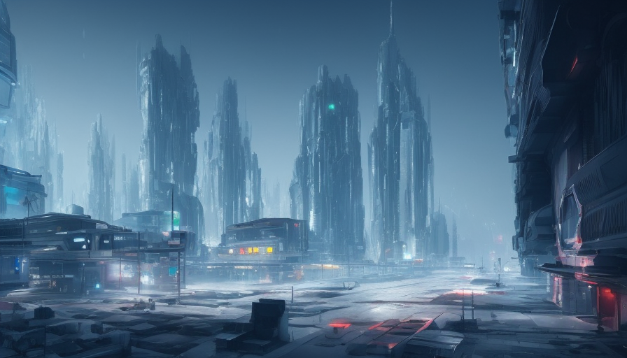 A retro futuristic city surrounded by ice, 4k resolution, Masterpiece, Trending on Artstation, Volumetric Lighting by Greg Rutkowski