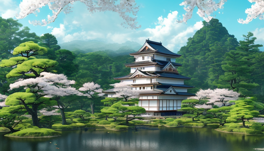 Landscape of a large japanese castle in the tall mountains, with matsu pine trees, with sakura cherry trees by Studio Ghibli, 4k, Highly Detailed, Masterpiece, Trending on Artstation, Matte Painting, Octane Render, Volumetric Lighting by Stanley Artgerm Lau, Beeple, Makoto Shinkai