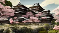 Landscape of a large japanese castle in the tall mountains, with matsu pine trees, with sakura cherry trees by Studio Ghibli, 4k, Highly Detailed, Masterpiece, Trending on Artstation, Matte Painting, Octane Render, Volumetric Lighting by Stanley Artgerm Lau, Beeple, Makoto Shinkai