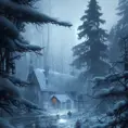 Dark fantasy concept art of a snowy forest with a single cabin in the woods, Atmospheric, Highly Detailed, Intricate, Trending on Artstation, Stunning, Realistic, Unreal Engine, Dynamic Lighting, Radiant, Fantasy by Greg Rutkowski