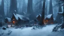 Dark fantasy concept art of a snowy forest with a single cabin in the woods, Atmospheric, Highly Detailed, Intricate, Trending on Artstation, Stunning, Realistic, Unreal Engine, Dynamic Lighting, Radiant, Fantasy by Greg Rutkowski