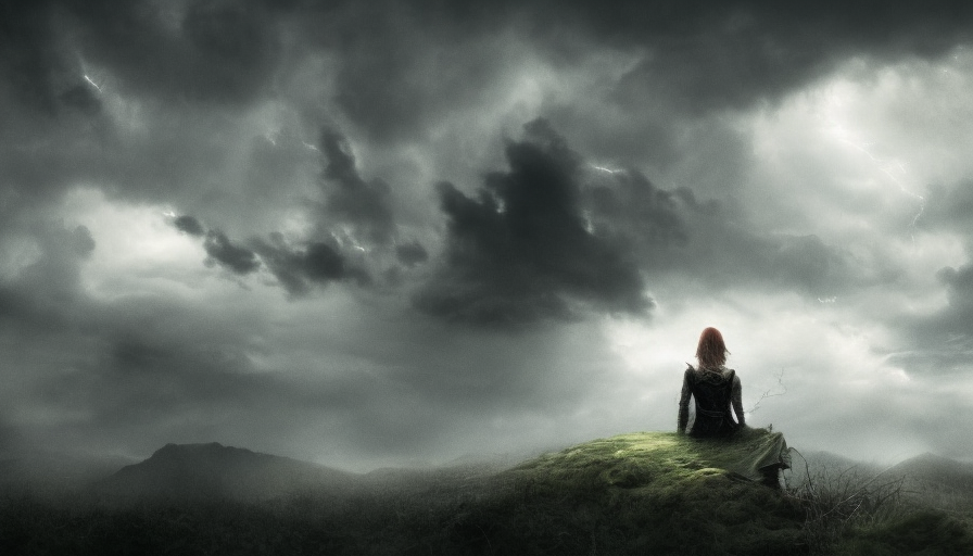 Woman sitting alone, 4k, Atmospheric, Dystopian, Foreboding, Nvidia RTX, Ultra Detailed, Gothic and Fantasy, Horror, Digital Painting, Rainy Day, Thunder Clouds