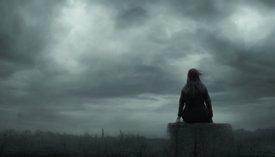 Woman sitting alone, 4k, Atmospheric, Dystopian, Foreboding, Nvidia RTX, Ultra Detailed, Gothic and Fantasy, Horror, Digital Painting, Rainy Day, Thunder Clouds, Photo Realistic, Octane Render, Closeup, Quiet, Ghastly, Grey, Ominous, Stormy, Unnerving