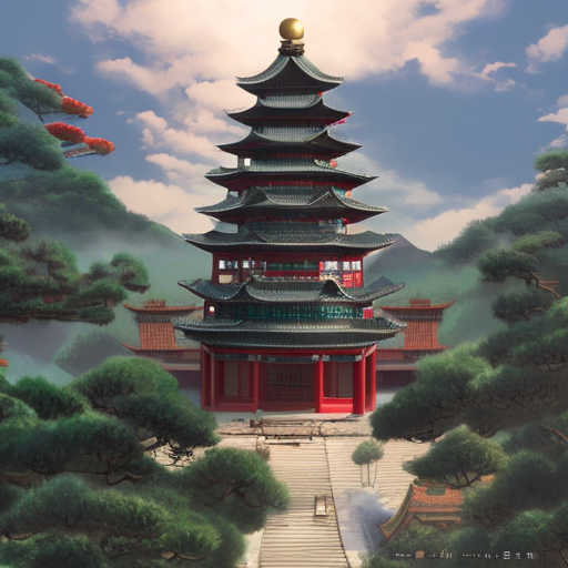 Studio Ghibli landscape of a large chinese temple in the tall mountains, 4k, Highly Detailed, Masterpiece, Trending on Artstation, Matte Painting, Volumetric Lighting, Fantasy by Stanley Artgerm Lau, Beeple, Makoto Shinkai