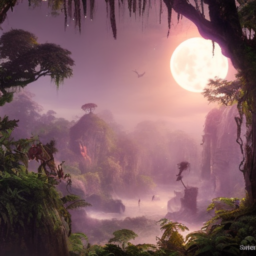 Moonrise over an epic jungle, Highly Detailed, Intricate, Cinematic Lighting, Unreal Engine, Radiant, Fantasy by Stanley Artgerm Lau