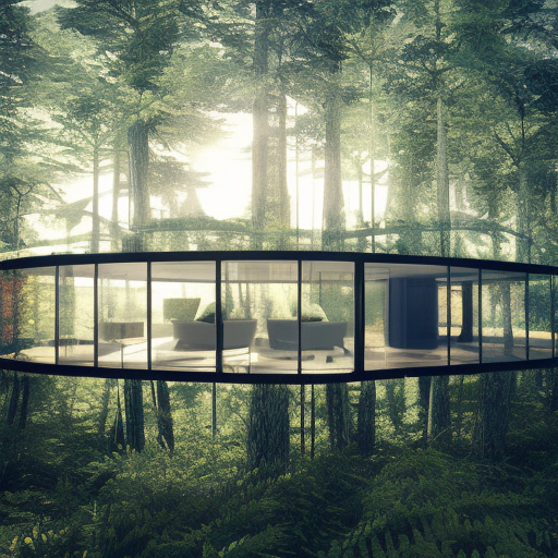 Futuristic glass house in the forest, 8k, Award-Winning, Highly Detailed, Beautiful, Octane Render, Unreal Engine, Radiant, Volumetric Lighting