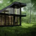 Architectural glass house in the forest, 8k, Award-Winning, Highly Detailed, Beautiful, Octane Render, Unreal Engine, Radiant, Volumetric Lighting