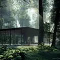 Grand glass house in the forest, 8k, Award-Winning, Highly Detailed, Beautiful, Octane Render, Unreal Engine, Radiant, Volumetric Lighting