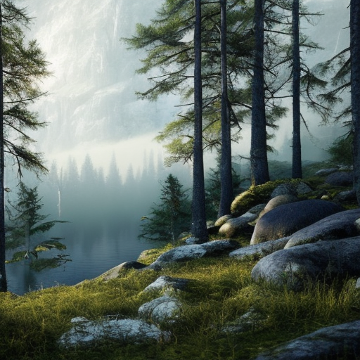 Beautiful landscape of a swedish forest from the view of a mountain, misty, 8k, Award-Winning, Highly Detailed, Beautiful, Octane Render, Unreal Engine, Radiant, Volumetric Lighting by James Gurney, Greg Rutkowski