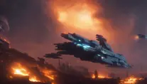 Giant space battleship hovering over a burning dystopian city, 8k, Award-Winning, Highly Detailed, Beautiful, Epic, Octane Render, Unreal Engine, Radiant, Volumetric Lighting by James Gurney, Greg Rutkowski