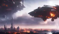 Giant space battleship hovering over a burning dystopian city, 8k, Award-Winning, Highly Detailed, Beautiful, Epic, Octane Render, Unreal Engine, Radiant, Volumetric Lighting by James Gurney, Greg Rutkowski