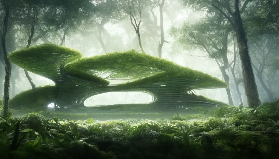 Beautiful futuristic organic house made from imaginary plants in a forest, 8k, Award-Winning, Highly Detailed, Beautiful, Epic, Octane Render, Unreal Engine, Radiant, Volumetric Lighting by Greg Rutkowski