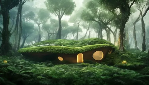 Beautiful futuristic organic house made from imaginary plants in a forest, 8k, Award-Winning, Highly Detailed, Beautiful, Epic, Octane Render, Unreal Engine, Radiant, Volumetric Lighting by Greg Rutkowski