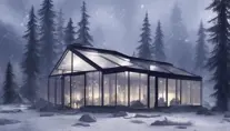 Grand futuristic glass cabin in the woods surrounded by a lake in winter, Atmospheric, Highly Detailed, Intricate, Trending on Artstation, Stunning, Realistic, Unreal Engine, Dynamic Lighting, Radiant, Fantasy by Greg Rutkowski