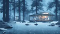 Grand futuristic glass cabin in the woods surrounded by a lake in winter, Atmospheric, Highly Detailed, Intricate, Trending on Artstation, Stunning, Realistic, Unreal Engine, Dynamic Lighting, Radiant, Fantasy by Greg Rutkowski