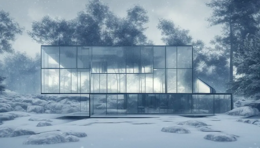 Grand futuristic glass architectural house in the woods surrounded by a lake in winter, Atmospheric, Highly Detailed, Intricate, Trending on Artstation, Stunning, Realistic, Unreal Engine, Dynamic Lighting, Radiant, Fantasy by Greg Rutkowski