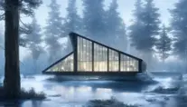 Grand futuristic glass architectural house in the woods surrounded by a lake in winter, Atmospheric, Highly Detailed, Intricate, Trending on Artstation, Stunning, Realistic, Unreal Engine, Dynamic Lighting, Radiant, Fantasy by Greg Rutkowski
