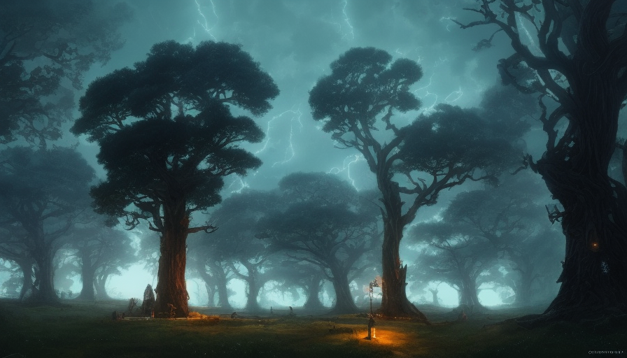 Grand tree on a hill at night generating electricity, Atmospheric, Highly Detailed, Intricate, Trending on Artstation, Stunning, Realistic, Unreal Engine, Dynamic Lighting, Radiant, Fantasy by Greg Rutkowski